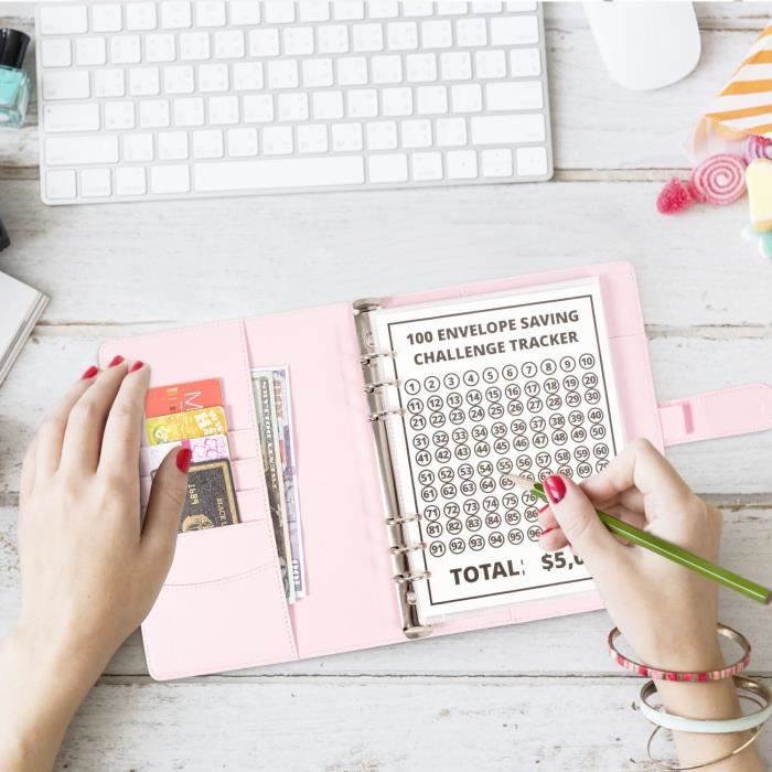 ZALHIN Classeur Budget 100 Enveloppes Rose A5 - Planner Économies Avec Pochette Argent, Autocollants Et Pages Transparentes Pour Épargner Facilement