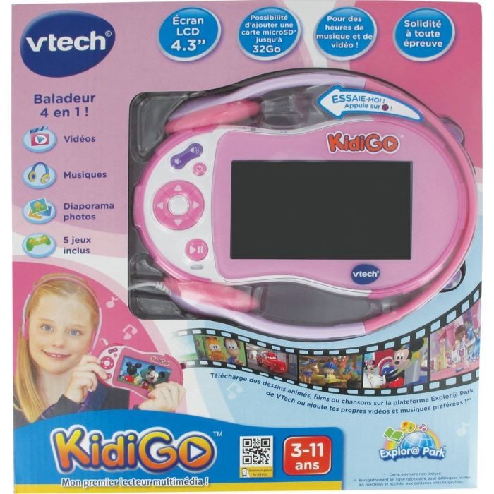 Vtech KidiGo rose Mon 1er lecteur multimédia 4 en 1 + adaptateur secteur.