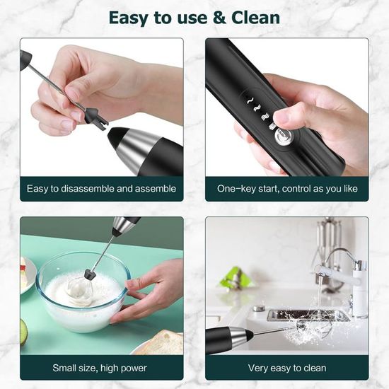 Mousseur à Lait électrique USB Rechargeable - 3 Vitesses, 3 Têtes Amovibles Inox - Pour Cappuccino, Chocolat, Smoothie