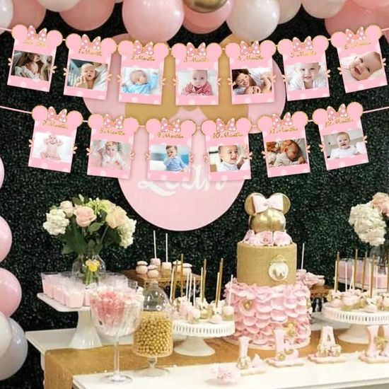 Minnie Photo Banniere Rose Et Or Nouveau Ne A 12 Mois Anniversaire Banniere Pour Minnie Sur Le Theme 1er Anniversaire Decorations Fo Cdiscount Maison