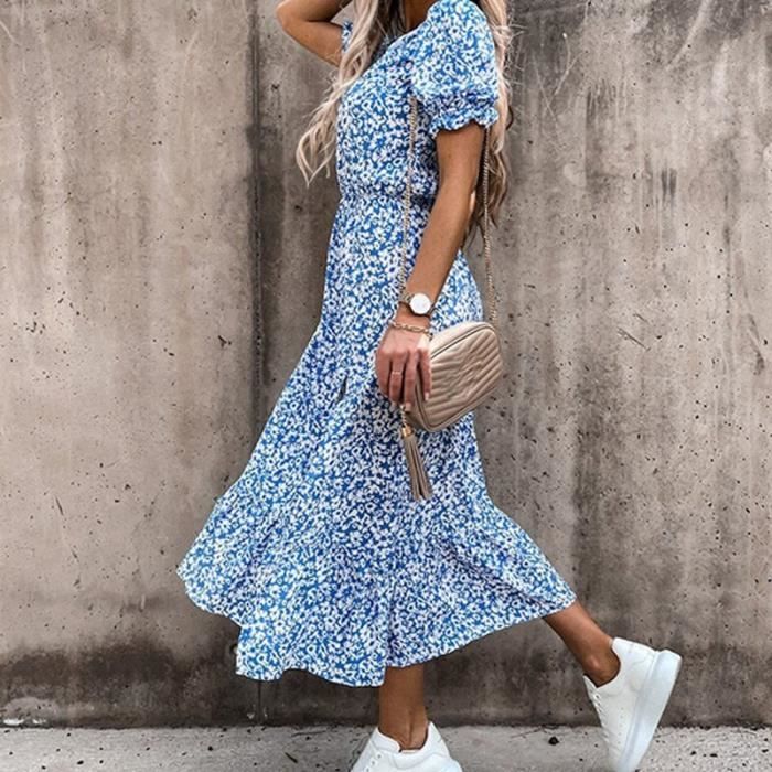 Robe Longue Ete a Imprime Floral a Manches Courtes Slim pour Femme Col en V Fente Laterale Boutons Soiree Printemps Blanc Cdiscount Pret a Porter