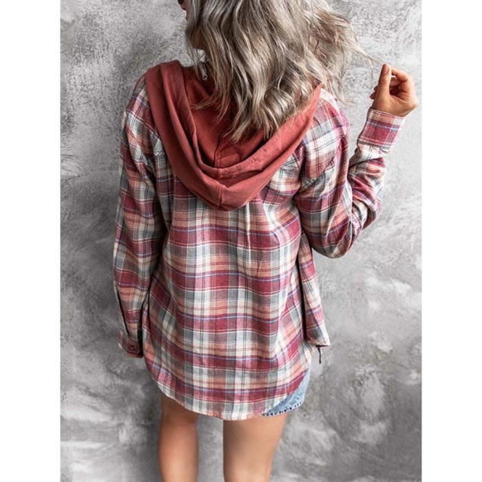 Chemise black white a carreaux rose pour femme boutonnee a capuche printemps Blanc Cdiscount Pret a Porter
