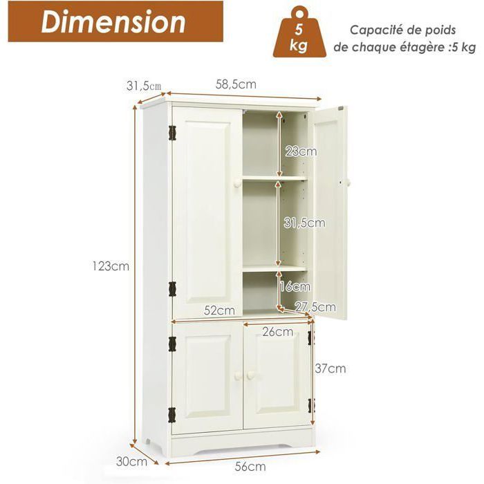 Armoire Rangement Vintage COSTWAY MDF 123cm - 4 Portes, 2 Étagères Réglables - Noir - Salon/Chambre