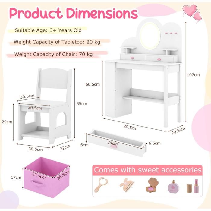 LIFEZEAL Coiffeuse Enfant 2 En 1 Avec Miroir Amovible & Chaise – Table Maquillage + Bureau Bois Blanc – 3-7 Ans – Rangement & Sécurité