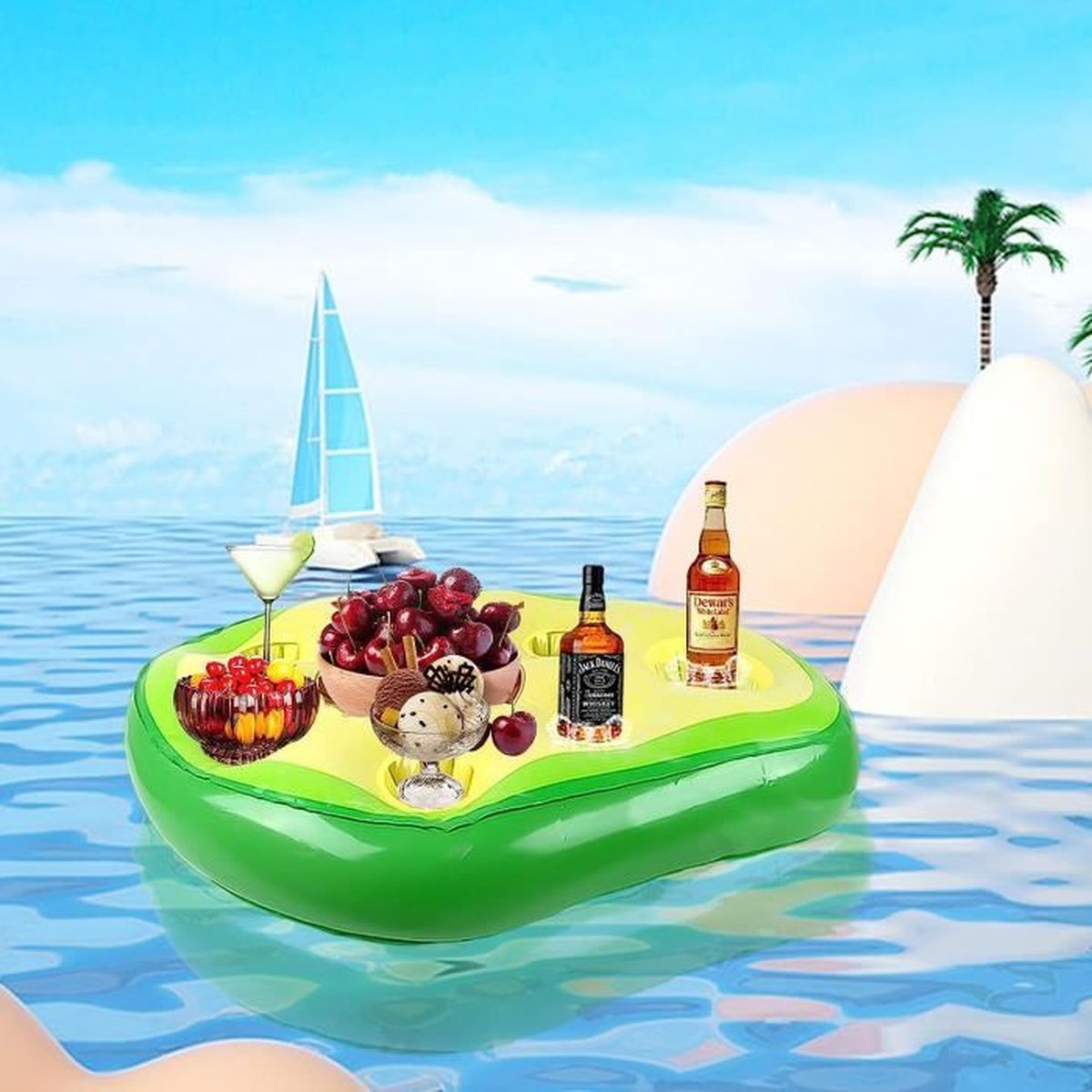 Piscine Enfant Bar Flottant Gonflable Pour Piscine - 6 Porte-Gobelets - Compartiment Central - PVC Blanc - 60 Cm Verre Flottant Pour Piscine