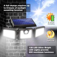 TEMPSA Lampe Solaire Applique Murale 128 LED Detecteur Mouvement Étanche Éclairage Extérieure Jardin 3 Têtes