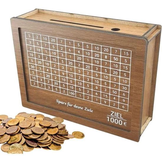 Tirelire en bois avec caisse de contre-monnaie Objectif d'épargne