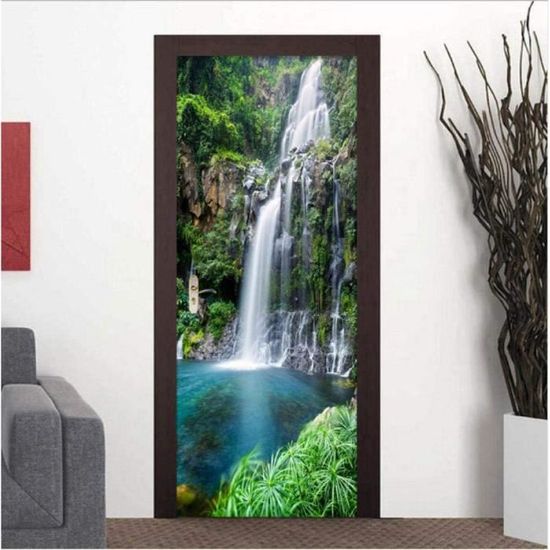 JGCAI 3D Sticker De Porte Trompe l'oeil Effect Paysage De Rivière Cascade Autocollant Porte Poster PVC Auto-Adhésif Amovible Autocollant pour Salon Porte Cuisine Chambre Salle De Bain 88x200cm