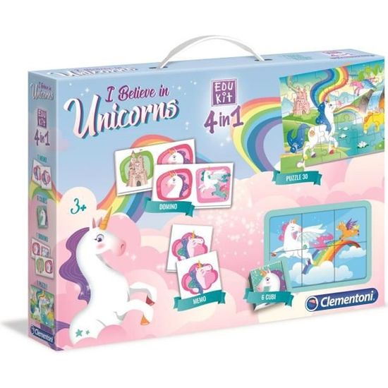 CLEMENTONI - Edukit 4 en 1 - Licornes - Puzzle, Mémo, Domino et Cubes ...