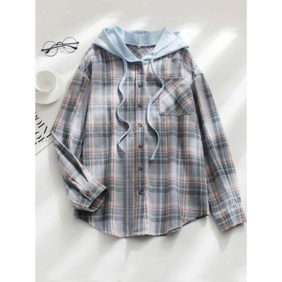 Veste à Carreaux Femme Oversize – Doublure Polaire, Capuche, Manches Longues, Style Chemise Pelucheuse Pour Automne/hiver