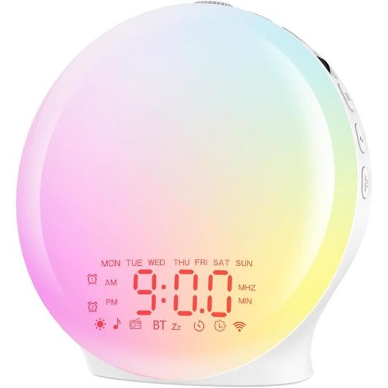 Réveil Simulateur D'aube LED - 15 Couleurs, 20 Niveaux Luminosité - 7 Sons Naturels + Radio FM - Double Alarme Avec Snooze
