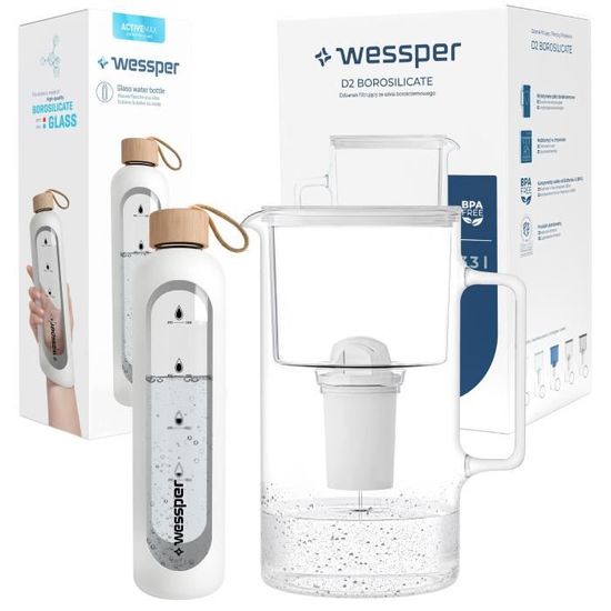 Carafe Filtrante Wessper Aqua Max Basic 2,5 L – Compatible Brita Maxtra – Set 2 Cartouches – Blanc
