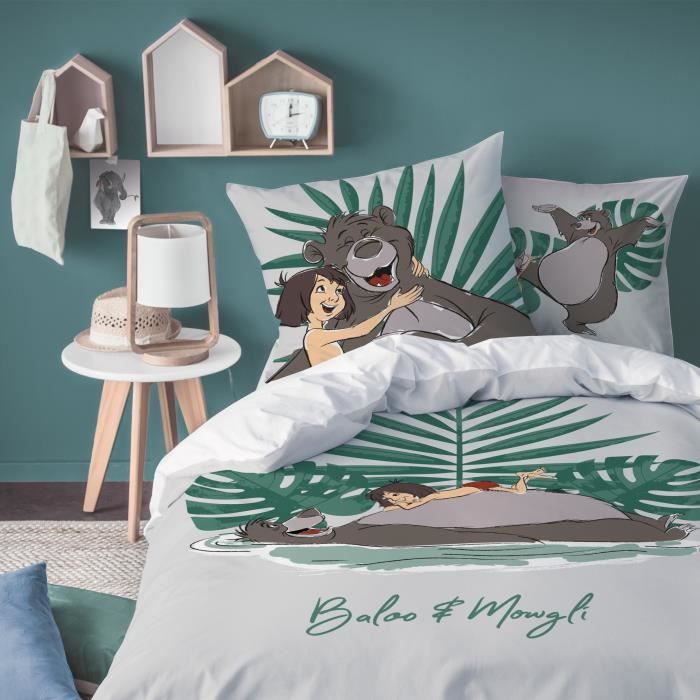 Housse de couette et taie d'oreiller 100% coton Disney Le Livre de la Jungle