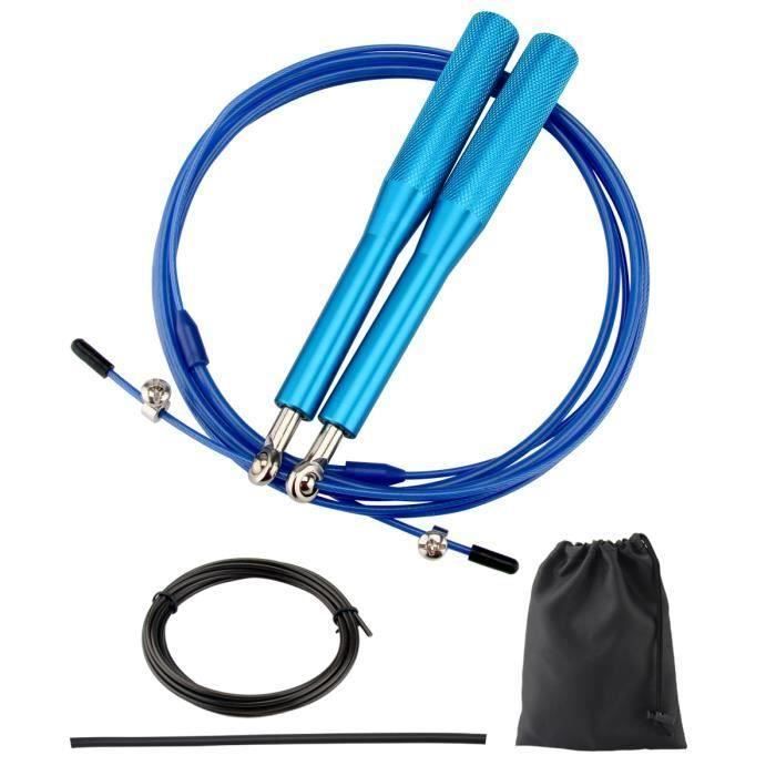 Corde à Sauter Fitness Professionnelle - Corde de Vitesse pour Entrainement CrossFit - Sac et Câbles Supplémentaires Inclus(Bleu)
