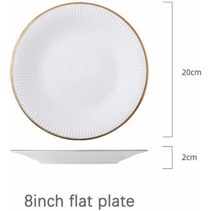 Assiette,Service de vaisselle et assiettes en porcelaine blanche, incrustation dorée de luxe, assiettes - Type 8 inch flat plate -A