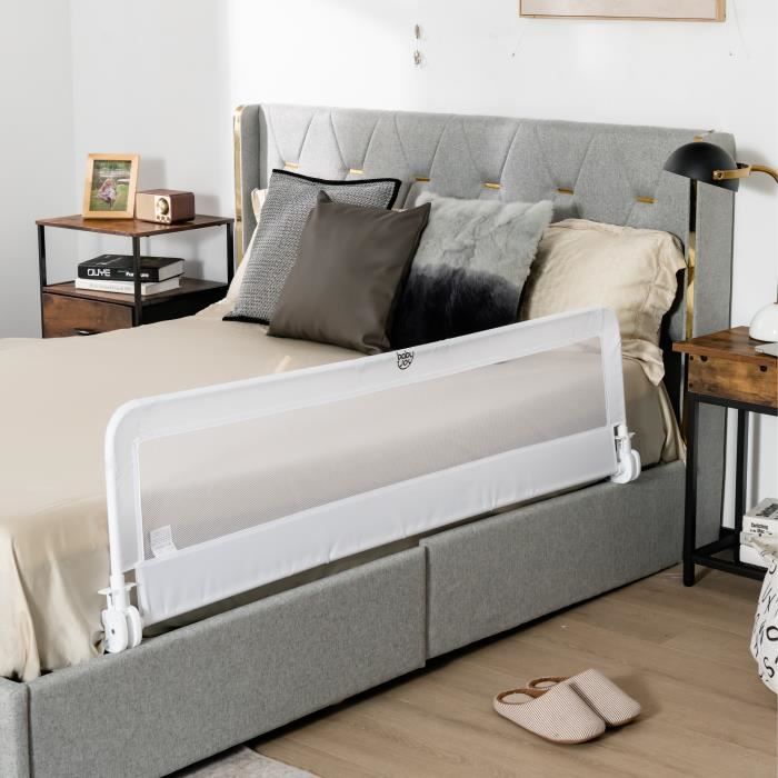 DREAMADE Barrière de Lit Pliable pour Bébés,Barrière de Protection en Tissu Maille pour Lit dEnfants et Parents, 150 x 42 cm Blanc