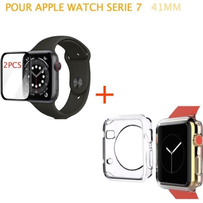 Lot de 2 verres trempé 3D noir protection écran APPLE WATCH 41MM SERIE 7 + COQUE SILICONE TRANSPARENTE