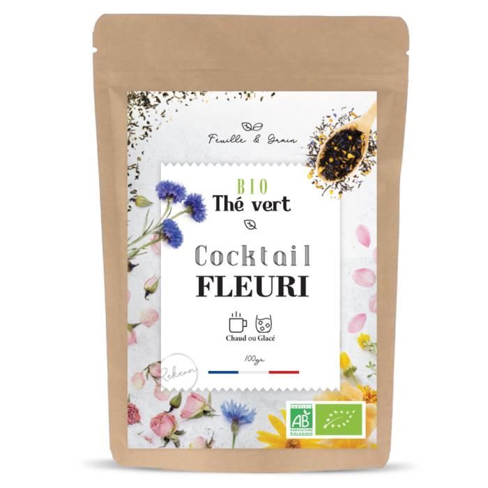 Cocktail Fleuri -Thé Vert Aromatisé Bio - Fruits Mélangés - Feuilles en Vrac - Plante Naturelle pour Infusion de qualité -Poids 100g