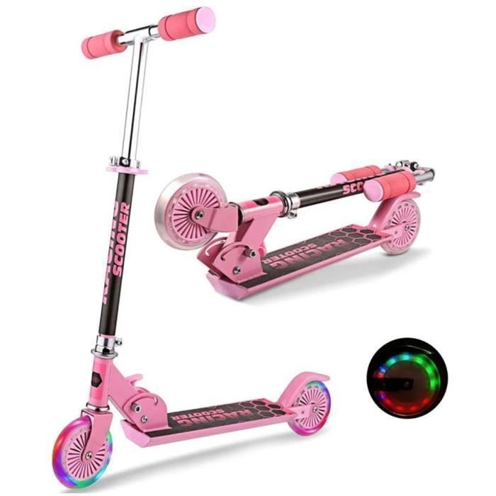 Trottinette fille enfant 2 Roues Hauteur réglable Patinette Scooter Pliant LED Lumière ABEC 7 Enfants 3-12 Ans- ROSE
