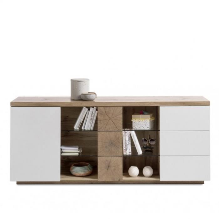 Buffet HERNING 180 cm laqué blanc mat et décor chêne noueux 2 portes 3 tiroirs bi color MDF Inside75