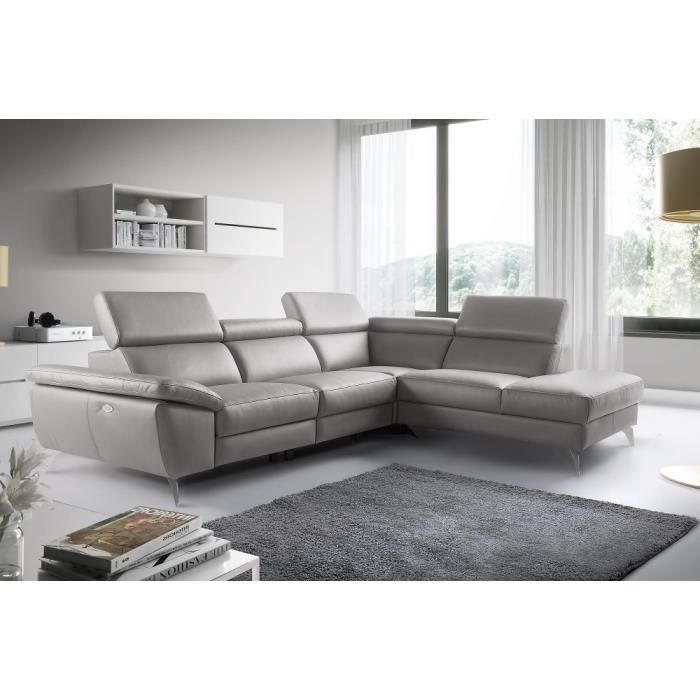 Canapé d'angle relax en 100% tout cuir épais luxe italien - 1 relax électrique - 5/6 places KASTER - Gris - angle (vu de face)