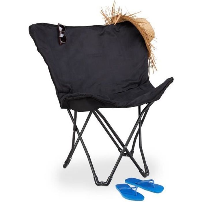 Relaxdays Chaise papillon chaise pliante Fauteuil camping fauteuil relaxation chaise pêche, noir
