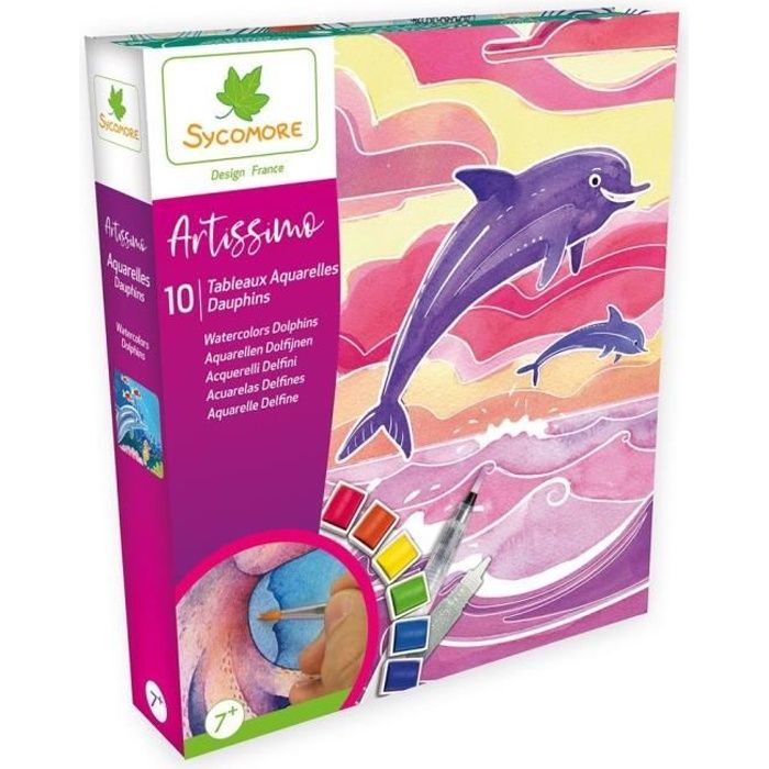SYCOMORE Artissimo 10 tableaux à peindre Aquarelle Dauphins - 8 pastilles dont 1 à paillettes - 1 pinceau et 1 livret