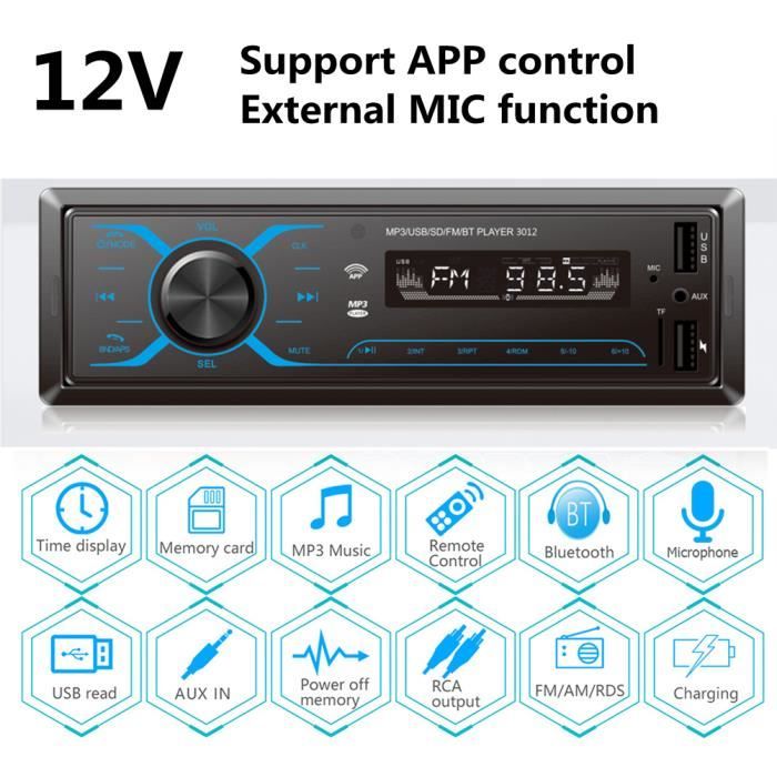 Autoradio Bluetooth Main Libre, 12V Radio Voiture Récepteur avec bouton tactile, Support Contrôle APP à distance et Micro externe