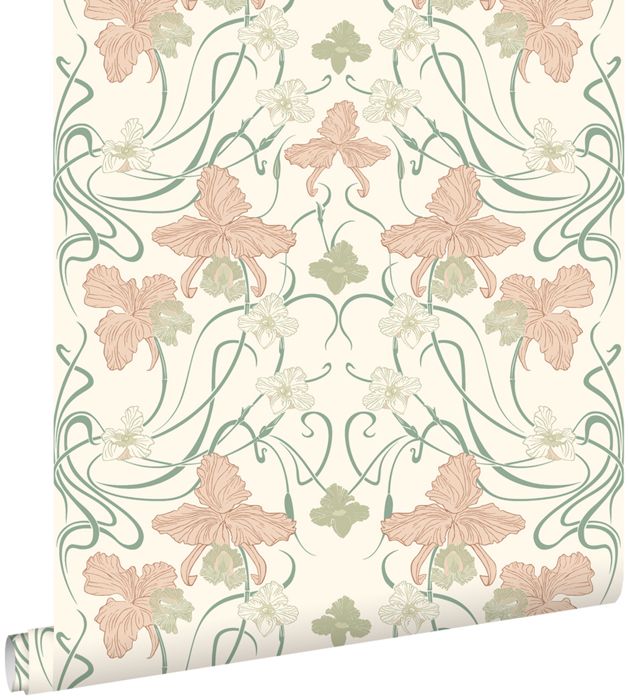 ESTAhome -  papier peint - fleurs vintage de style art nouveau - blanc crème rose clair et vert grisé - 0.53 x 10.05 m
