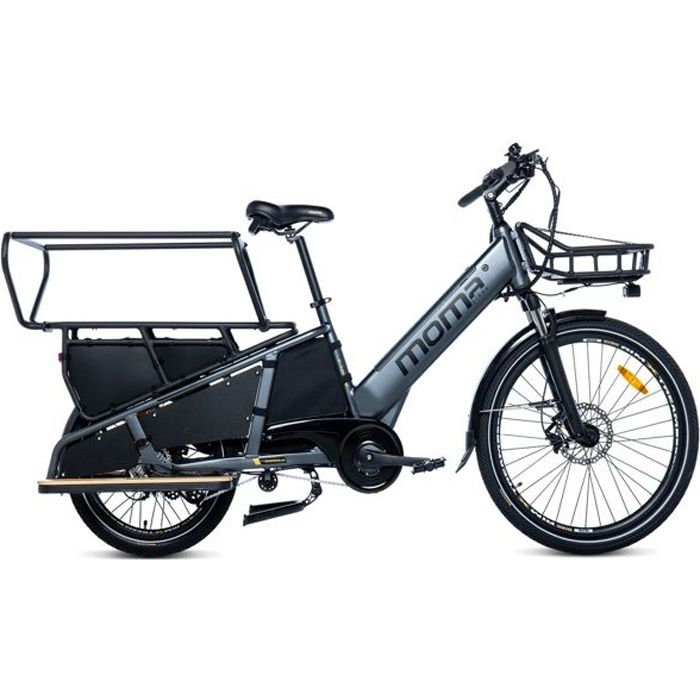 MOMA BIKES - Vélo Cargo Électrique E-Long Tail - Aluminium - SHIMANO ALTUS 7v - Baterrie 48V 13Ah - Autonomie jusqu'a 90km - Gris