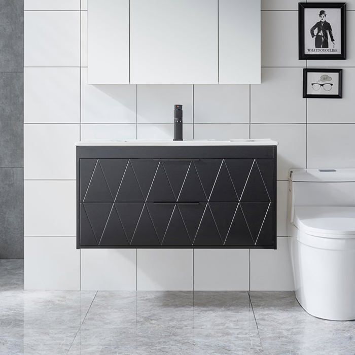 GOOBUY Meuble sous Lavabo Suspendu 90cm avec Lavabo en Céramique Robinet 2 Tiroirs Style Ligne Scandinave Noir 90 x 45 x 46cm