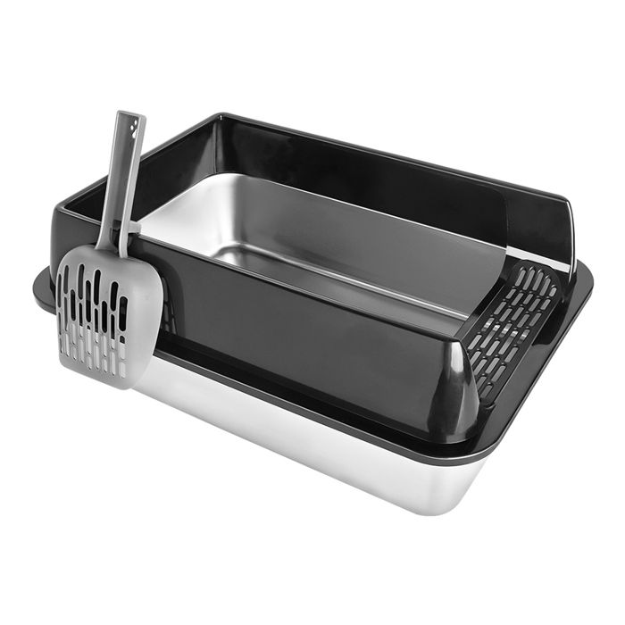 Comparer les prix de Bac à litière en acier inoxydable-XJING-Ouvert-avec couvercle anti-éclaboussures et pelle 50*35*24 Noir