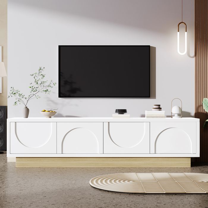 Meuble TV blanc armoire TV avec 4 portes grain de bois espace de rangement style moderne gestion des câbles 175x40x42 cm