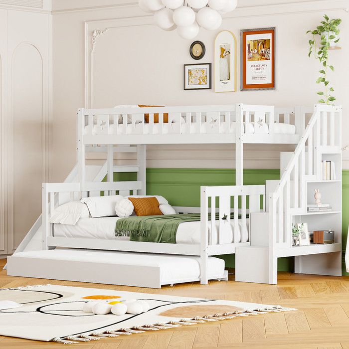 Lit superposé 90x200/140x200 cm avec lit gigogne Lit enfant avec toboggan et étagère Lit 2 personnes avec cadre de lit Blanc