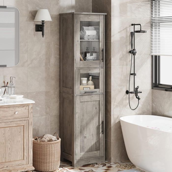 Armoire de salle de bain - HOERFURIY - 40x31x170CM - 2 portes - 5 compartiments - Gris