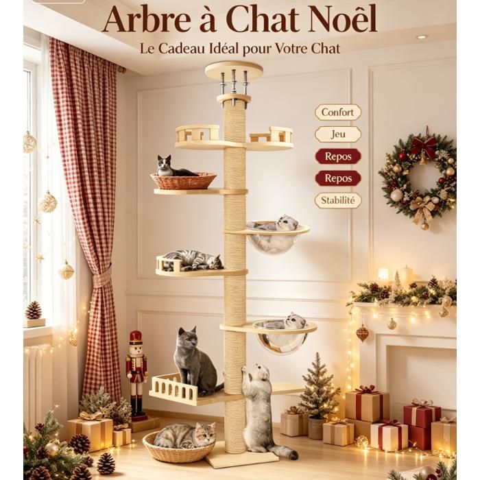 Arbre à chat au Plafond 300cm - 7 niveaux -1 tour d’observation 2 nids à chats 2 capsules spatiales et 1 plateforme de saut