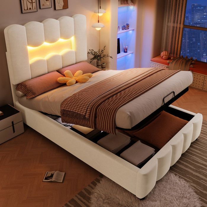 Lit coffre capitonné - MODERNLUXE - 90x200 cm - LED - Tête réglable - Velours beige Lit coffre capitonné - MODERNLUXE - 90x200 cm - LED - Tête réglable - Velours beige