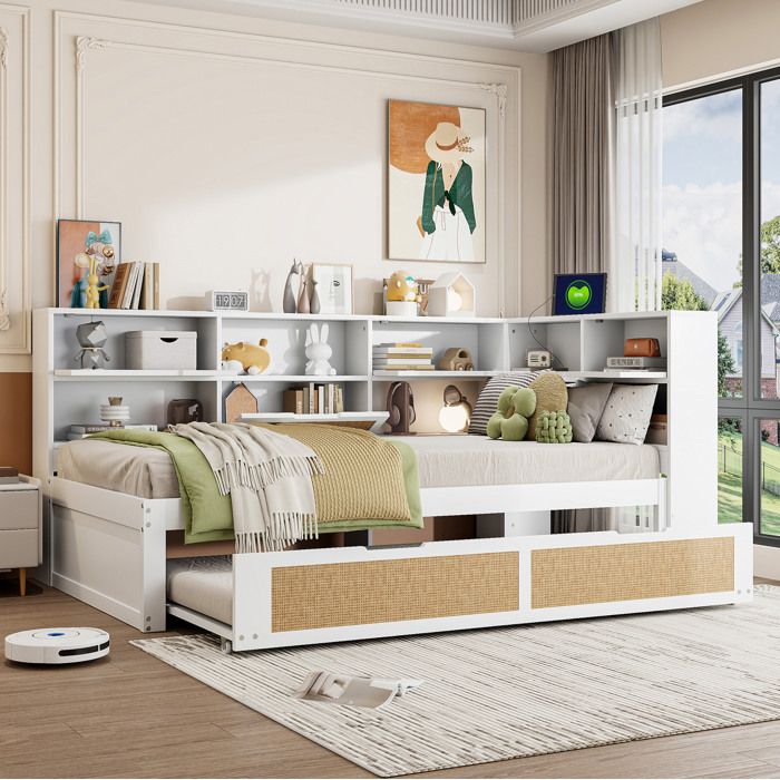 Lit combiné multifonction EVRYAE 90 x 200 cm blanc avec lit gigogne rangements intégrés et ports USB