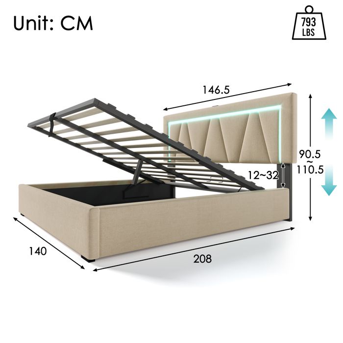 Structure de lit Nouveau matériau écologique lit rembourré lit double LED avec fonction de charge USB type C et éclairage LED