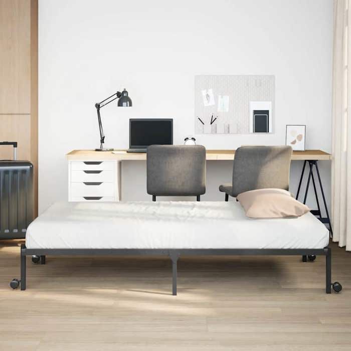 Structure de lit pliable - UU - Noir - Acier - 100x190 cm - Pliable - Sommier à lattes - Roues intégrées