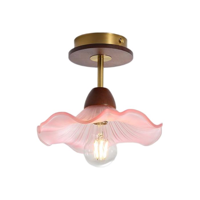 WOTTES 1 x Plafonnier Rétro avec Abat-jour en Verre Rose et Noyer Fleurs Design Lampe Vintage E27 Ø23CM Luminaire Couloir