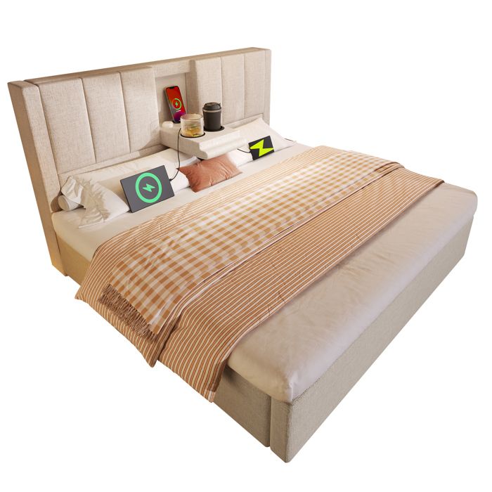 Lit coffre - 180x200 cm - Capitonné lin beige - Rangement hydraulique - Station de chargement