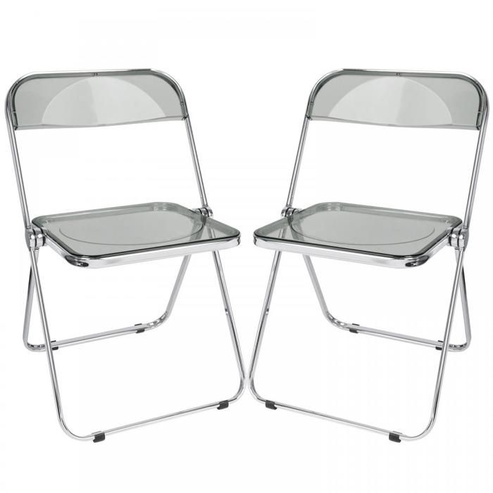Lot de 2 Chaise Pliante - Chaise Pliable Transparente - Siège en Cristal Empilable - 46x46x77 cm - Pieds en Métal - Gris