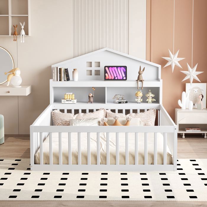 Merax Lit Maison Enfant — 140x200 — Bois Massif Blanc — Sommier à lattes inclus — Barrières Sécurité et Rangements Merax Lit Maison Enfant — 140x200 — Bois Massif Blanc — Sommier à lattes inclus — Barrières Sécurité et Rangements