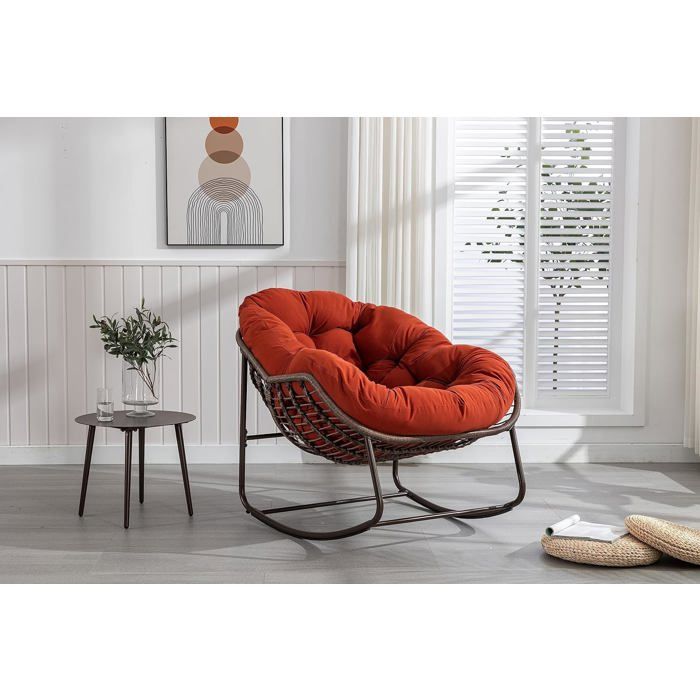 Fauteuil à Bascule en Rotin dextérieurFauteuil de Jardin Rocking Chairavec Coussinpour Véranda Salon Terrasse JardinOrange