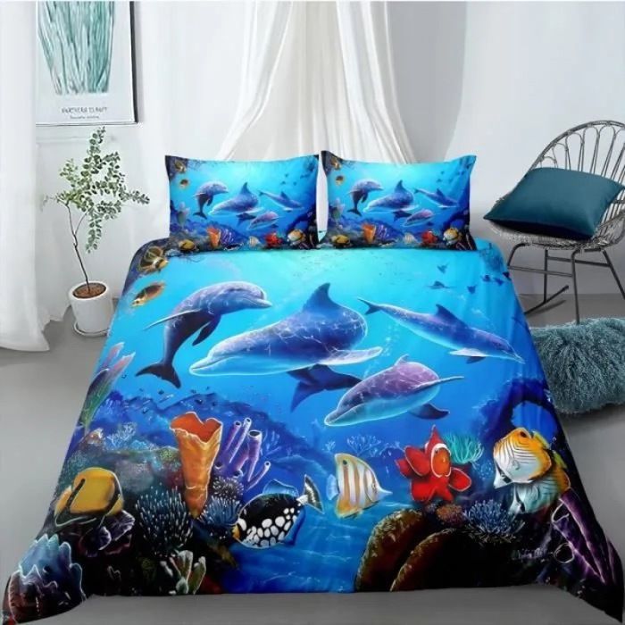 Dauphins mignons sous la mer Parure de lit 3 pieces 1 housse de couette 200*200cm et 2 taies doreillers 63*63cm HOUSSE DE COUETTE