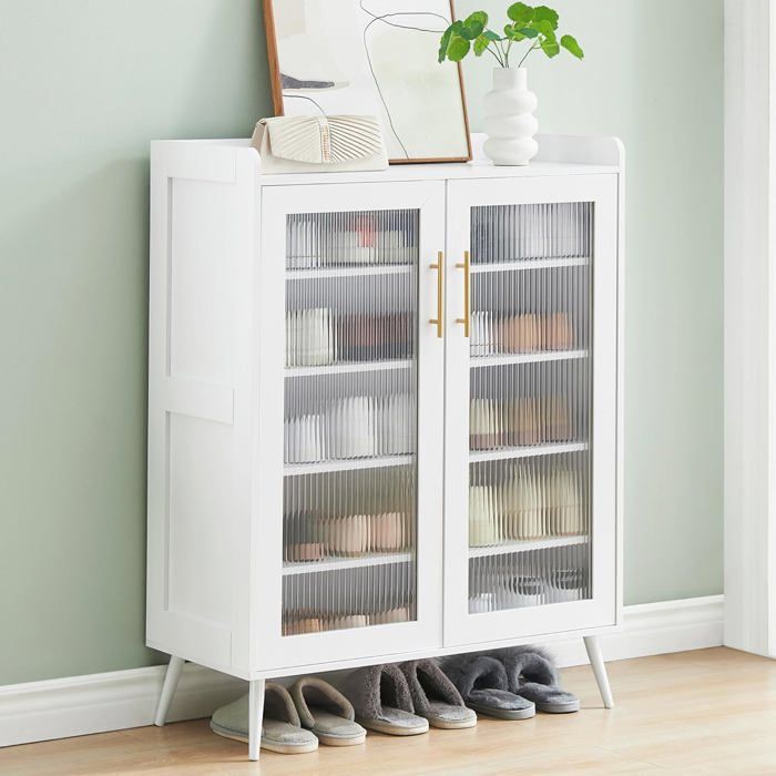Meuble à chaussures avec portes vitrées - LUNSY - 5 niveaux de rangement - 15 à 20 paires - Étagères réglables