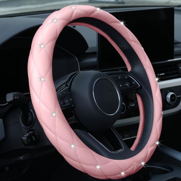 Housse Volant Voiture Strass Cuir Rose 38cm Couvre Volant Antidérapant avec Cristaux Brillants Universel pour Femme