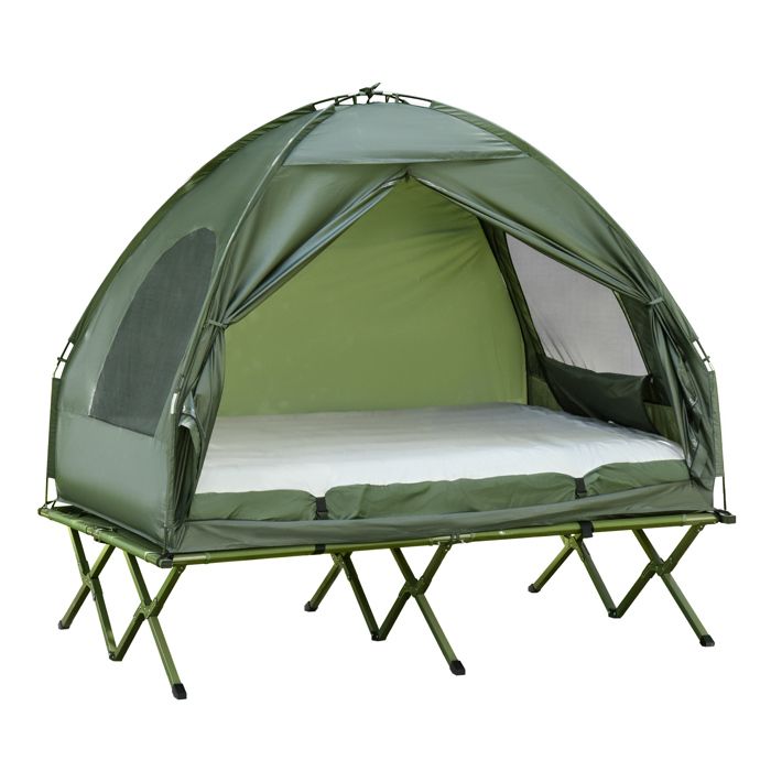 Lit de camping surélevé avec tente - 193x145x180 cm - Vert - Matelas gonflable inclus - Pompe à pied - Tissu oxford