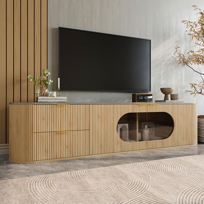 Meuble TV - Meuble TV 172 x 38 x 455 cm - Aspect bois naturel - Façades 3D verticales - Vitrine ovale verre gris